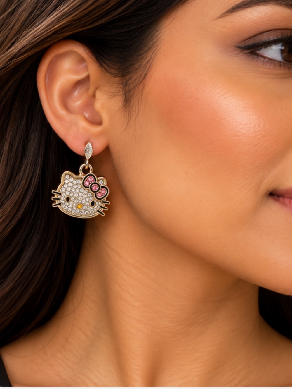 Hello Kitty Gold-Tone Crystal Earrings with Pink Bow